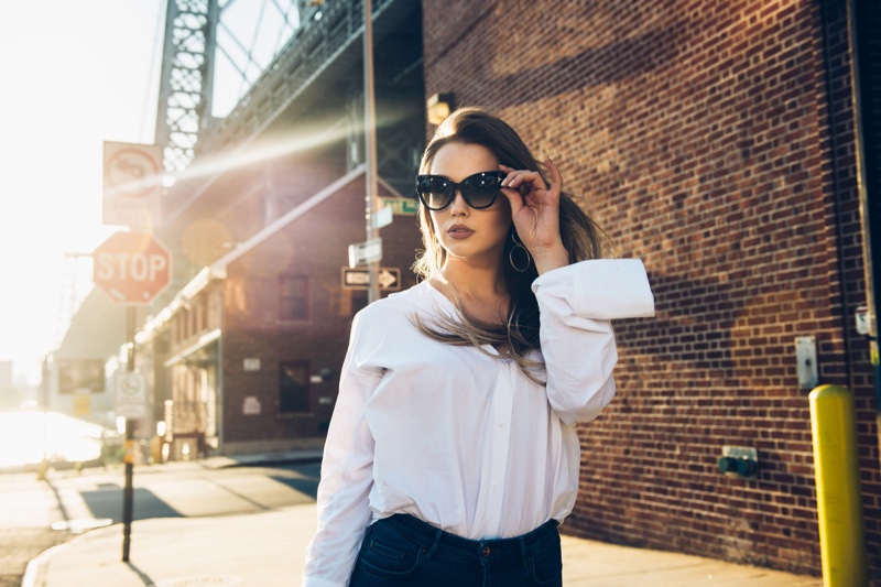 Stylish Woman City Sunglasses White Shirt