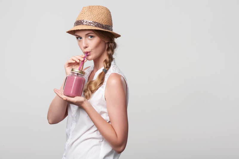 Stylish Woman Drinking Smoothie Drink Straw