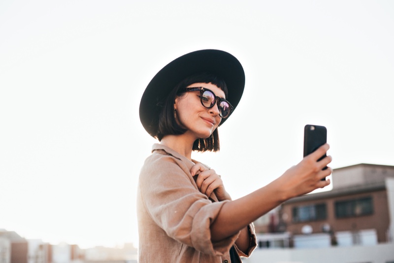 Stylish Woman Hat Phone Influencer Social Media