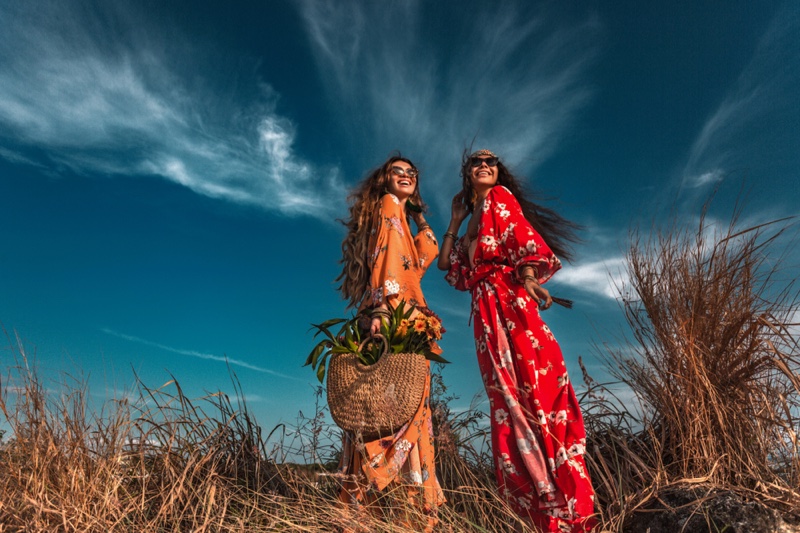 Two Models Long Print Dresses Outdoors Boho Style