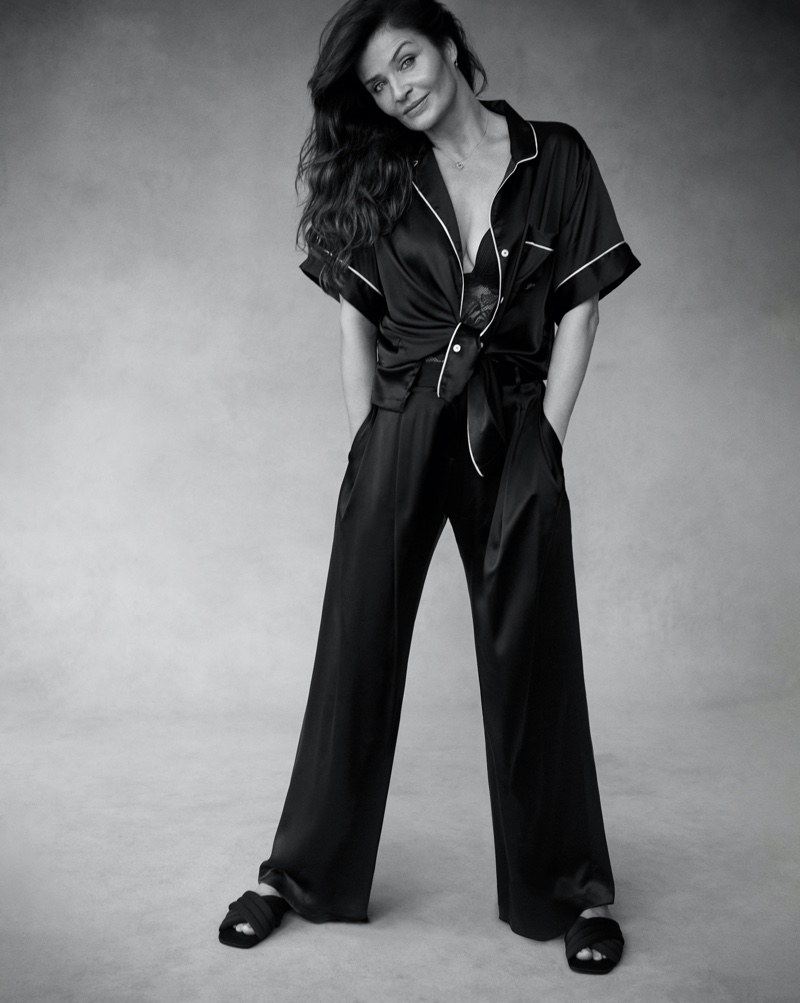 Helena Christensen wears Victoria's Secret Satin Short-Sleeve PJ Set.