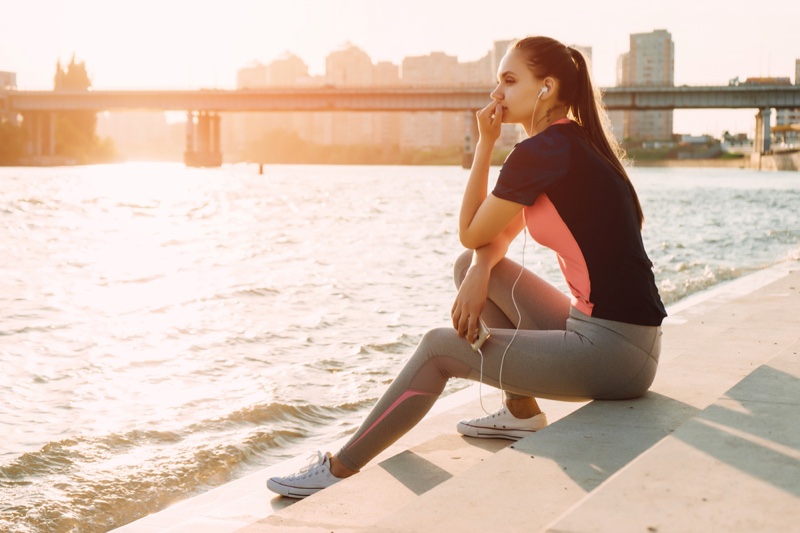 Woman Listening Music Earphones Workout Outfit City Outside