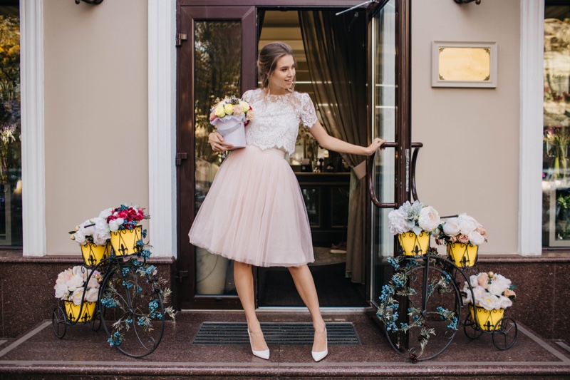 Woman Pink Tulle Skirt Flowers Front Door