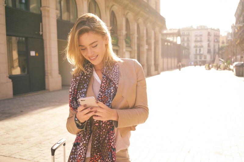 Woman Traveling Smiling Phone Street Sun