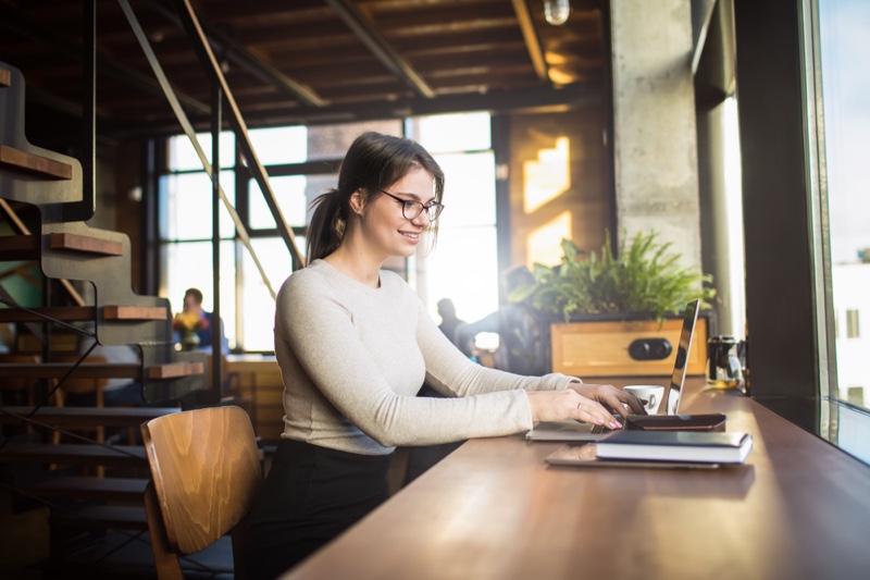 Woman Working Laptop Glasses Smiling