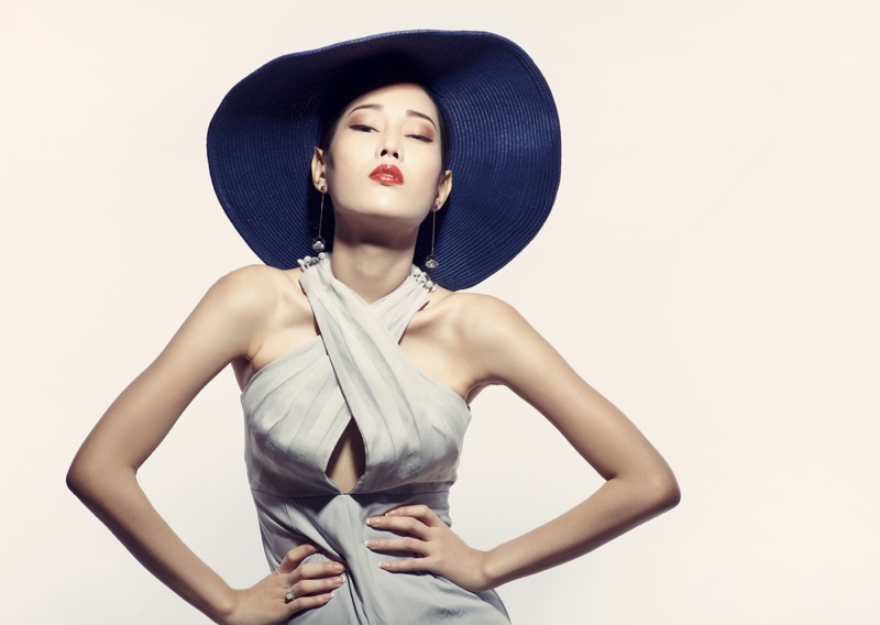 Asian Model Posing Dress Hat Fashion