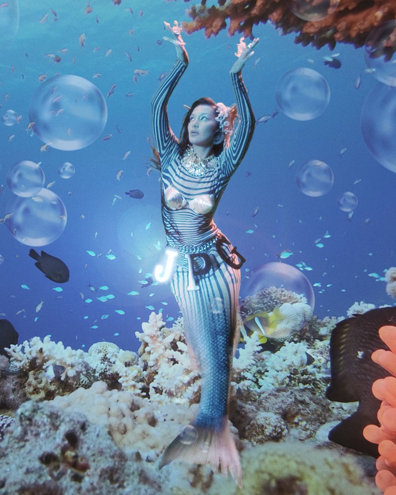 Bella Hadid poses as a mermaid in Jean Paul Gaultier Les Marins campaign.