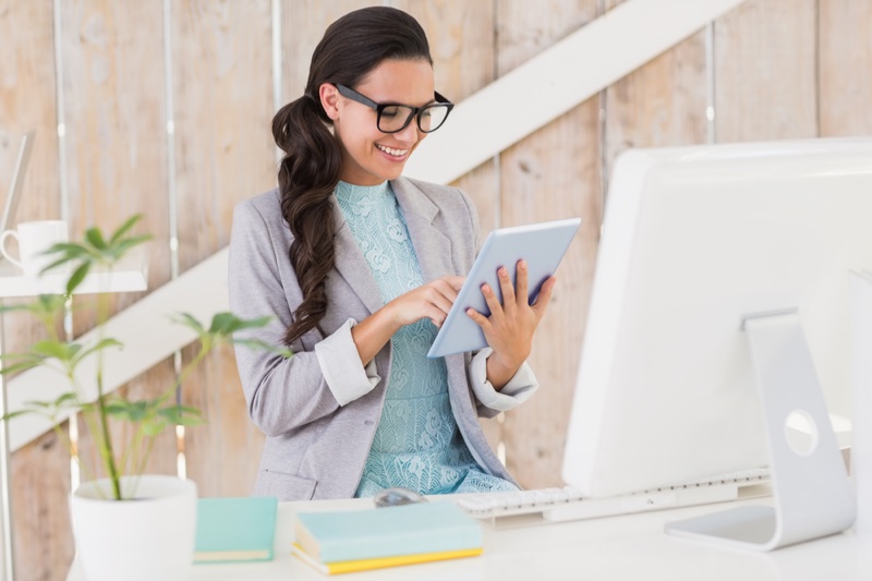 Business Woman Sitting Computer Tablet Happy