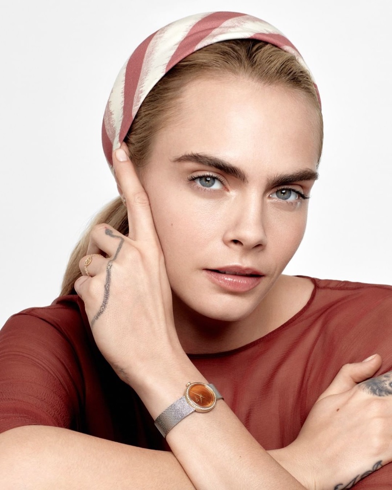 Model Cara Delevingne Dior La D de Dior Satine watch campaign.