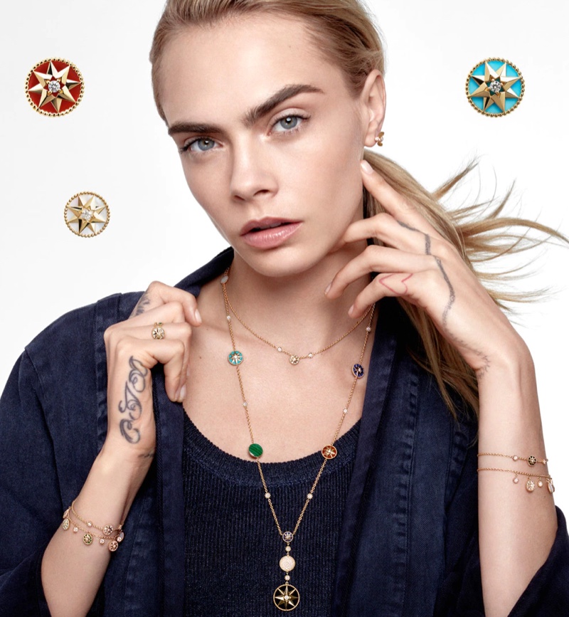 Cara Delevingne appears in Dior Rose Des Vents 2021 jewelry campaign.