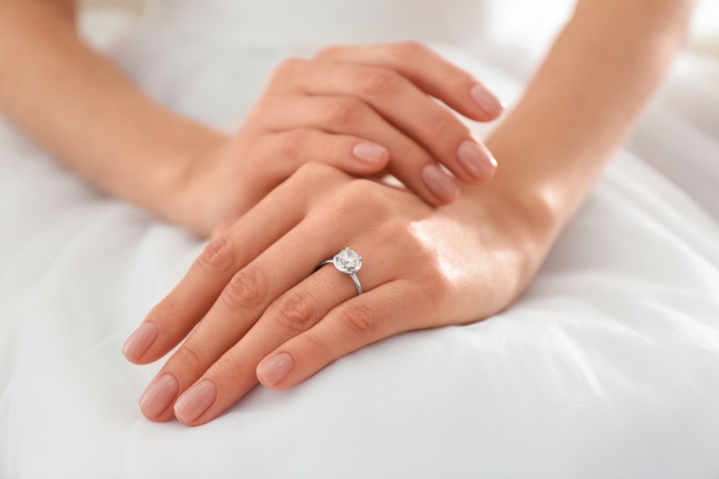 Closeup Woman's Hands Engagement Ring Diamond