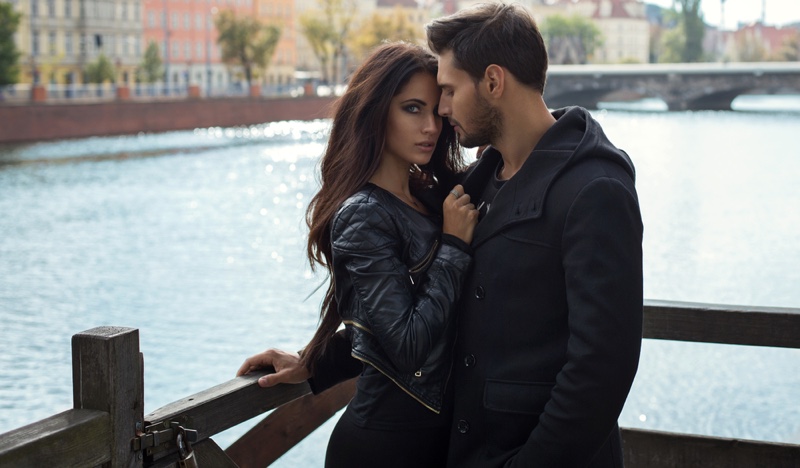 Couple Embracing Romantic Leather Jacket Trendy