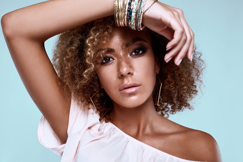 Curly Haired Model Layered Bracelets