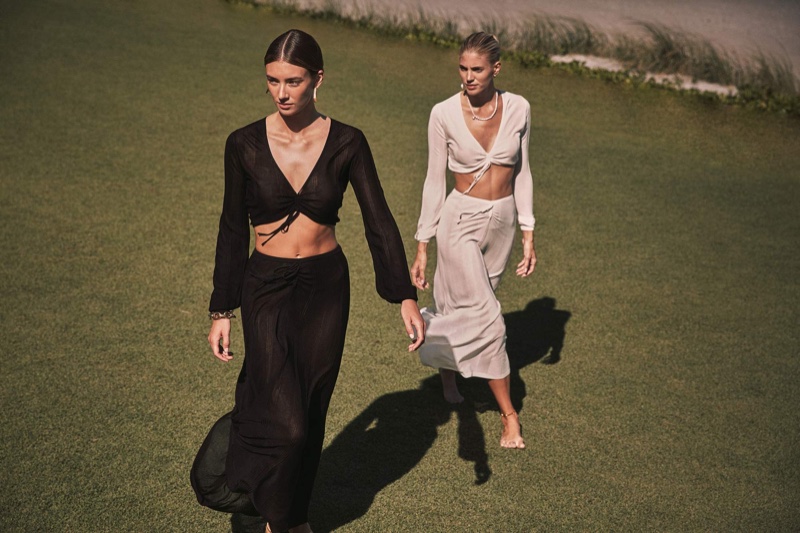 Lorena Rae and Devon Windsor wear matching sets in Devon Windsor Swim spring 2021 campaign.