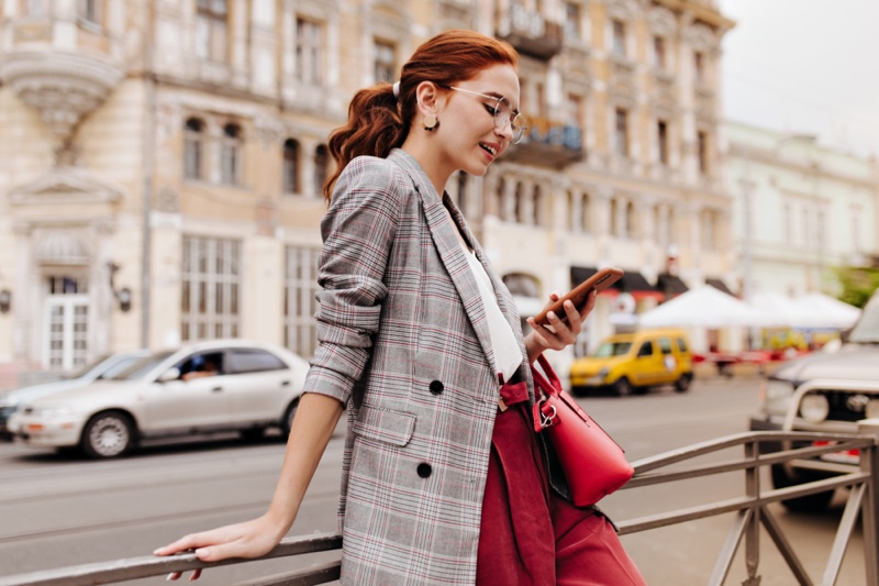 Fashionable Woman Checking Phone Street Plaid Blazer