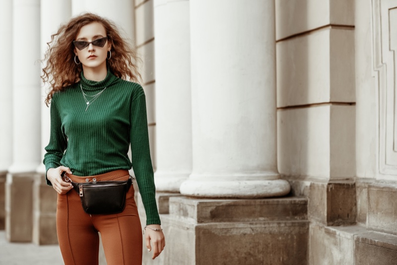 Green Top Brown Pants Belt Bag Trendy Outfit Model