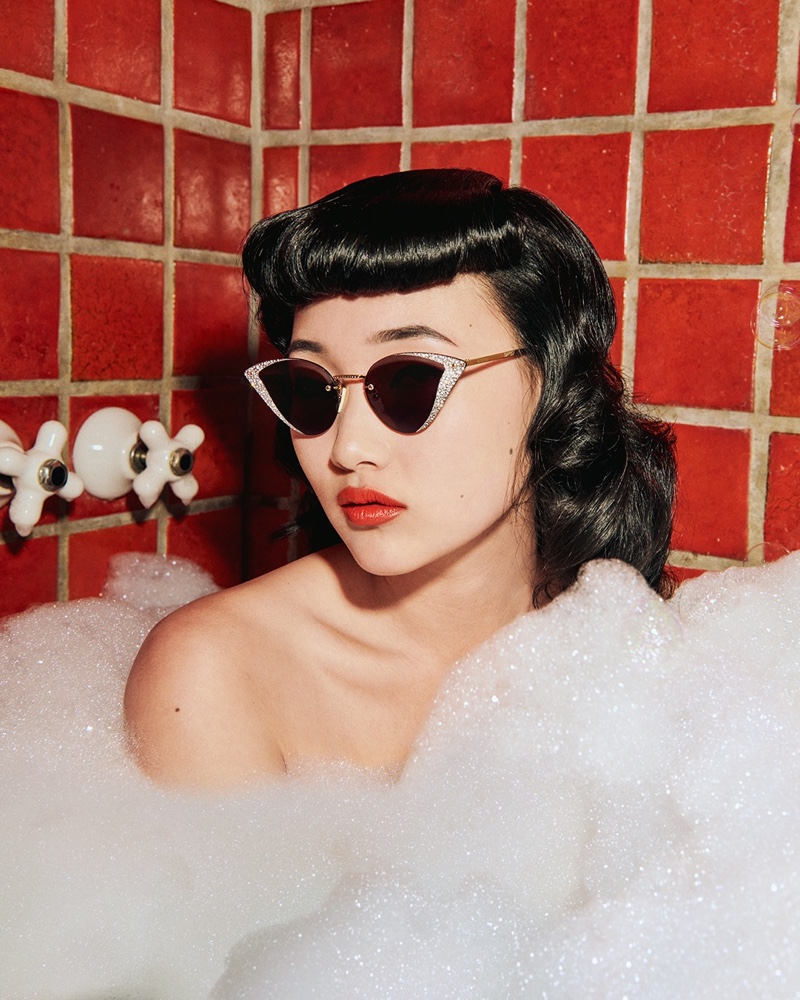 Models pose in a bubble bath for Gucci Hollywood Forever 2021 sunglasses campaign.