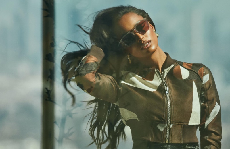 Jasmine Tookes poses for Oliver Peoples x FRÈRE campaign.