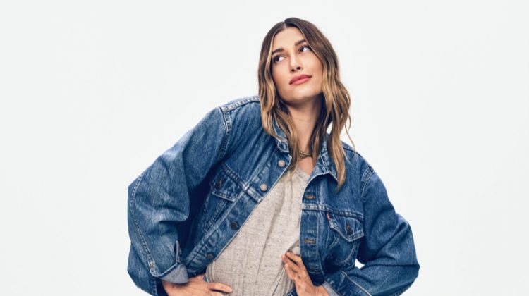 Model Hailey Bieber poses in denim for Levi's 501 Originals campaign.