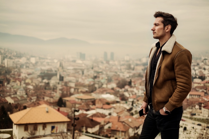 Male Model Brown Shearling Jacket Overlooking City
