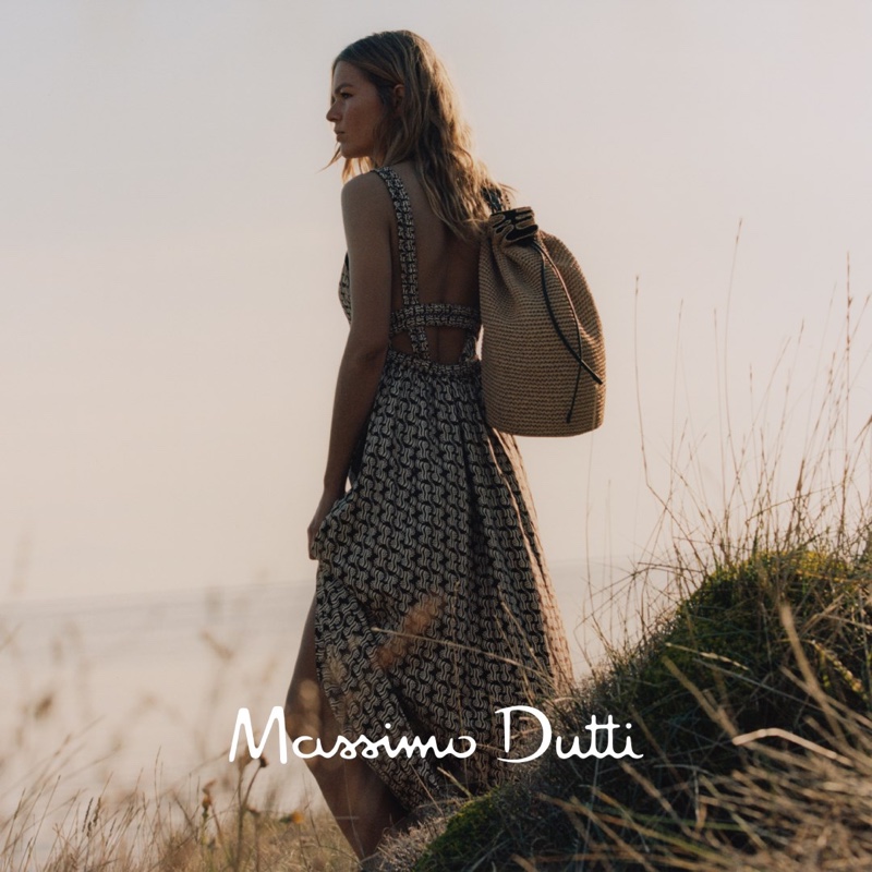 Massimo Dutti Long Geometric Print Dress, Tied Leather Flat Sandals, and Raffia Crossbody Bag with Leather Trims.