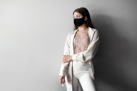 What is the Future of the Fashion Industry After Pandemic? Model Black Face Mask White Jacket Pants Outfit