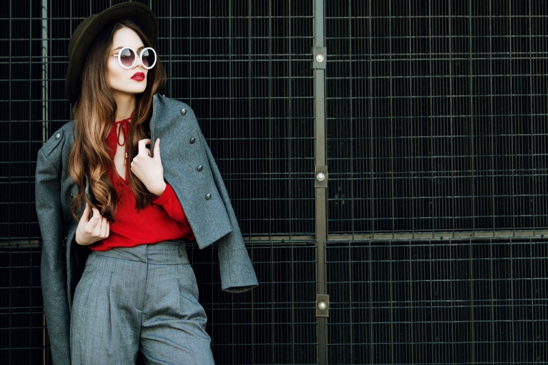 Model Grey Pant Suit Red Top Outfit Stylish