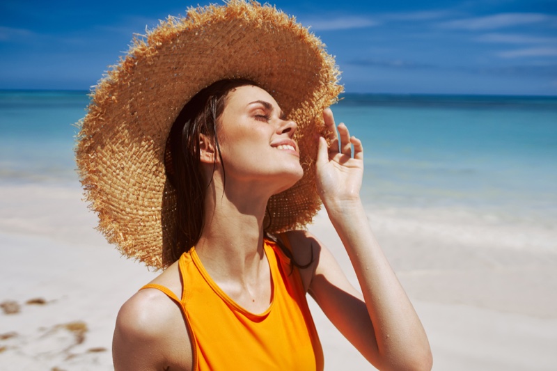 Model Summer Beach Straw Hat Orange Top