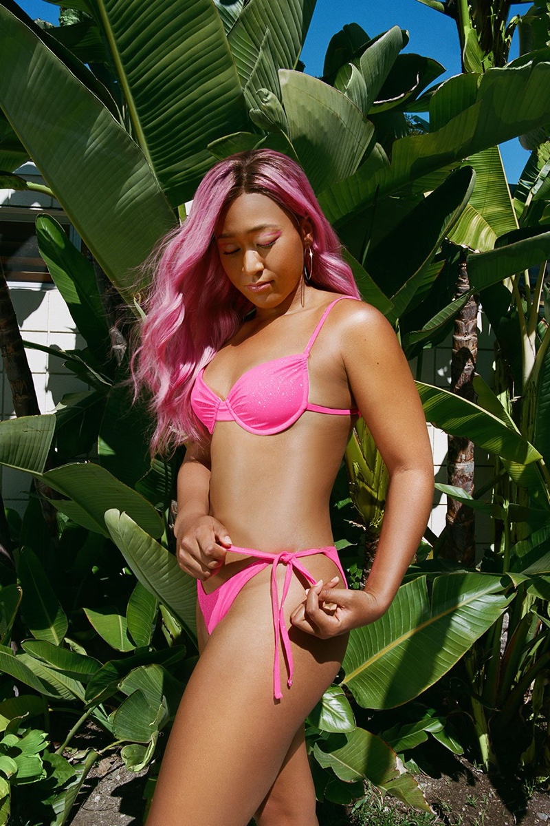 Naomi Osaka poses in glitter pink bikini from Frankies Bikinis collaboration.