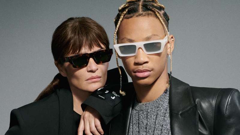 Supermodel Helena Christensen and musician Lil Dre pose for Off-White eyewear summer 2021 campaign.