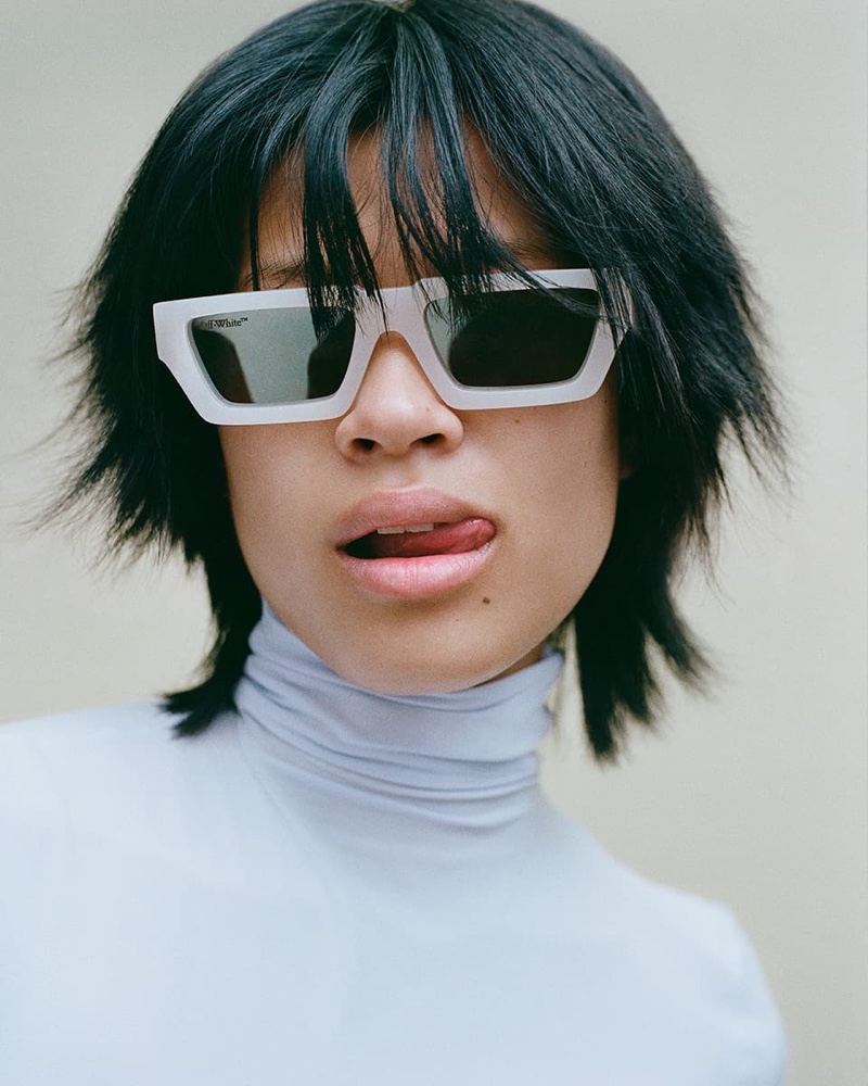 Justine Biticon gets her closeup in Off-White eyewear summer 2021 campaign.