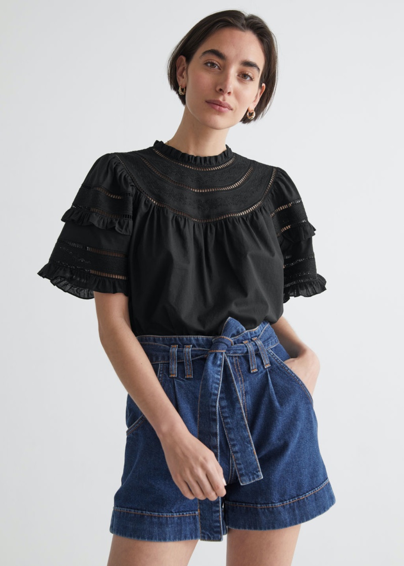 & Other Stories Embroidered A-Line Ruffle Top in Black $69