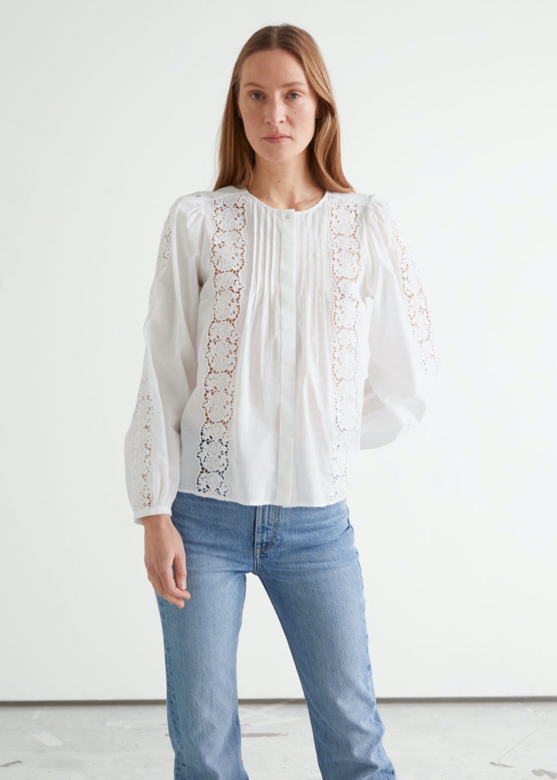 & Other Stories Floral Lace A-Line Blouse in White $99