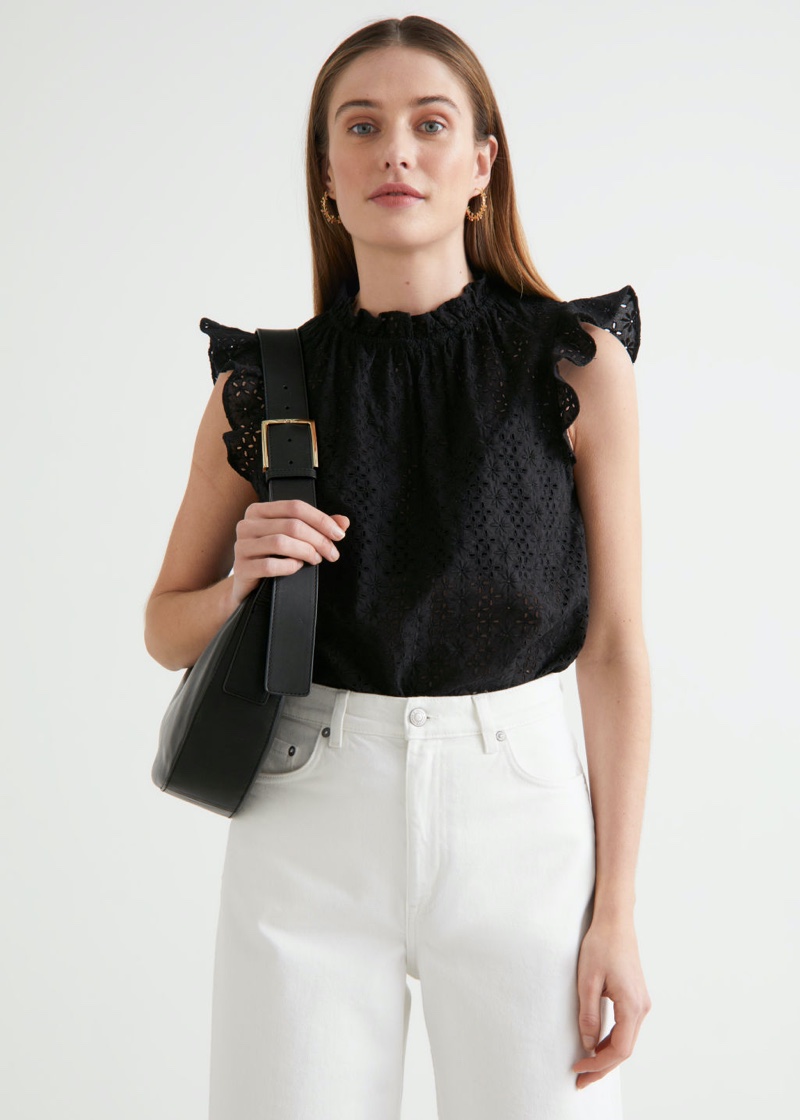 & Other Stories Frilled Broderie Anglaise Blouse in Black $59