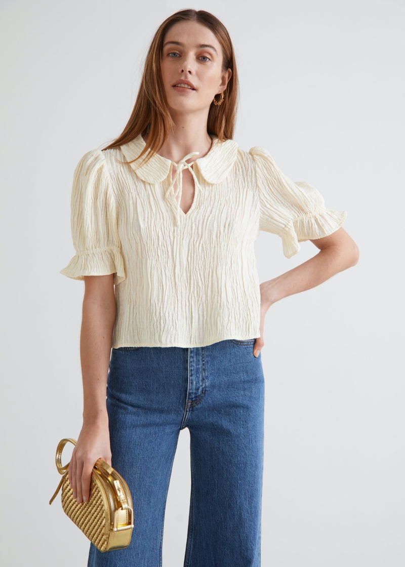 & Other Stories Textured Collared Puff Sleeve Top $129