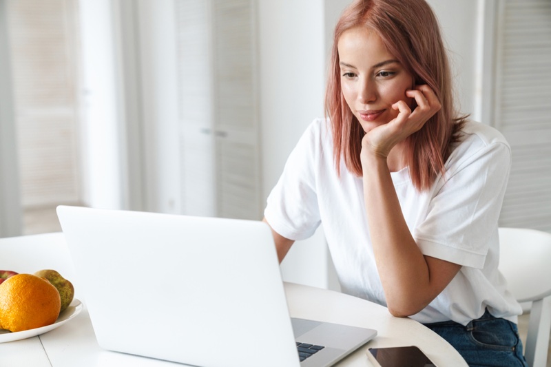 Pink Haired Woman Laptop Table