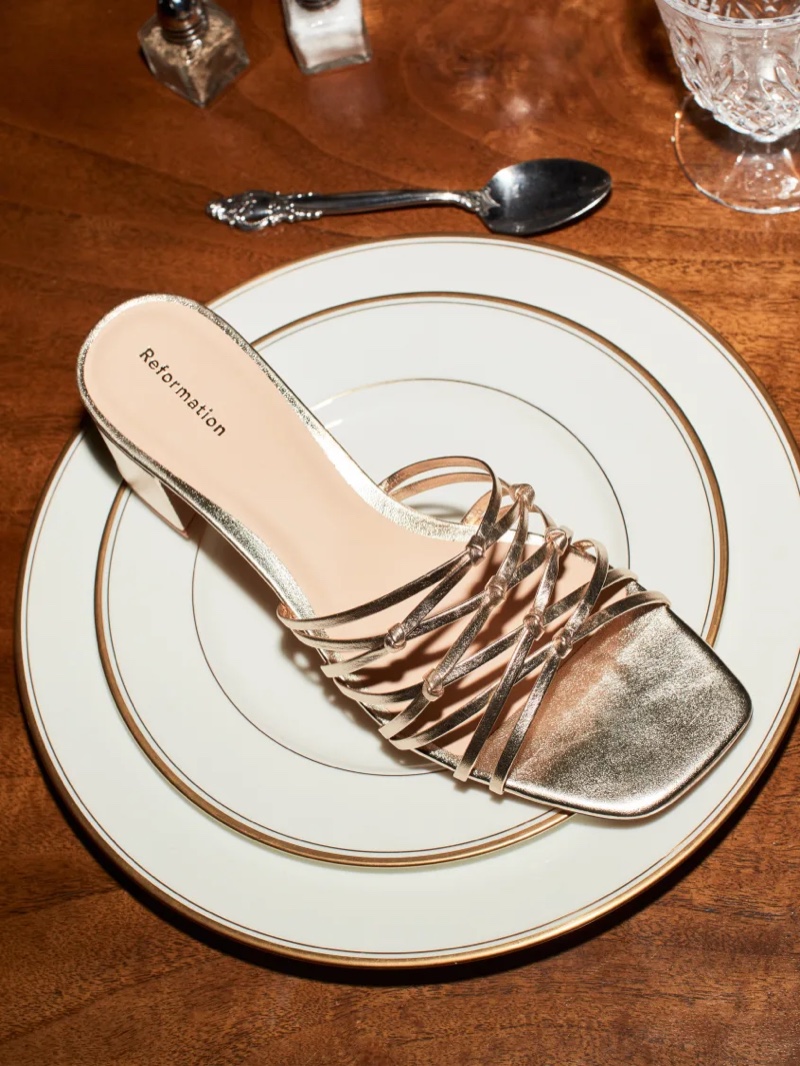 Reformation Eva Knotted Sandal in Gold $248