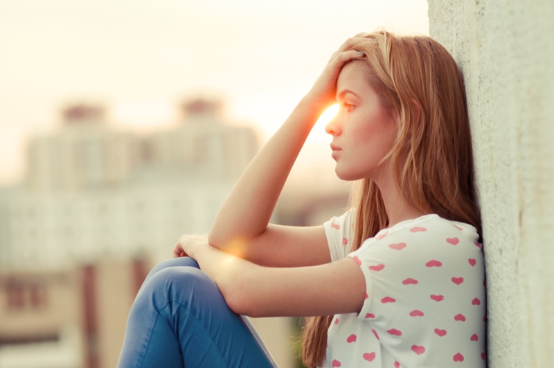 Sad Lonely Girl Sitting Roof