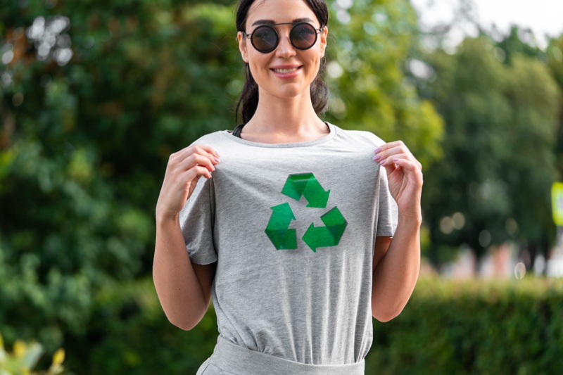 Smiling Woman Recycling Symbol Green Grey Graphic T-Shirt