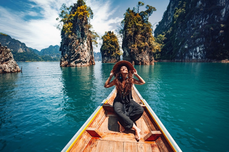 Stylish Woman Traveling Asia Boat Outdoors