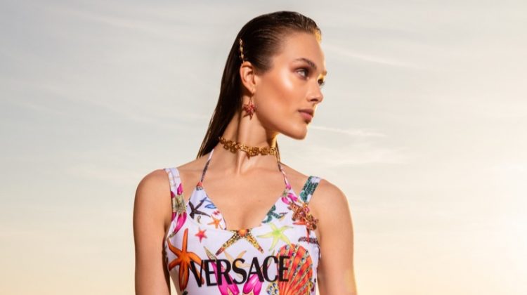 Rozanne Verduin poses for Versace La Vacanza swimwear campaign.