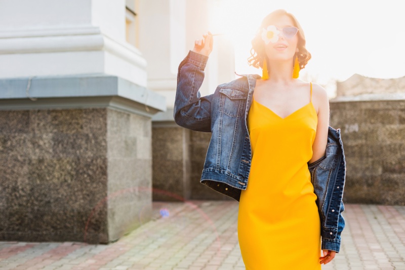 Woman Denim Jacket Yellow Dress Summer Outfit