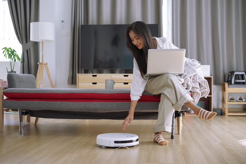 Woman Robot Vacuum Home Cleaning Laptop