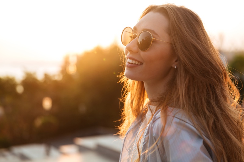 Woman Sunglasses Outdoors Smile Attractive