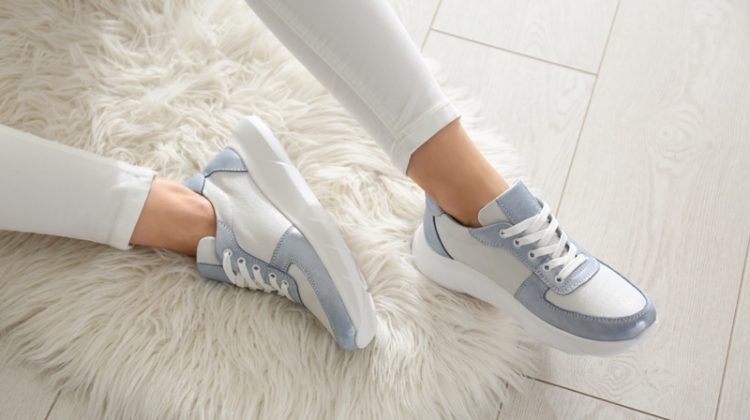 Woman Wearing Stylish Blue White Sneakers Cropped
