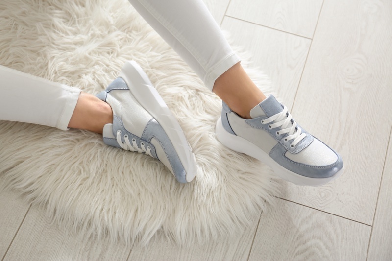 Woman Wearing Stylish Blue White Sneakers Cropped