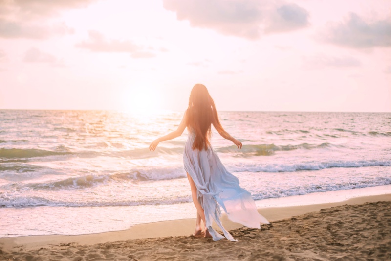 Back Woman Wearing Blue Dress Beach