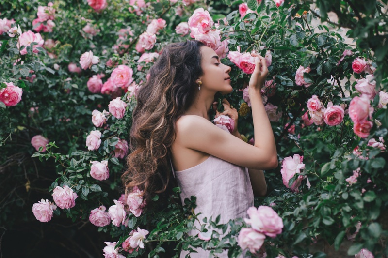 Beautiful Woman Pink Flowers Rose Garden Long Hair