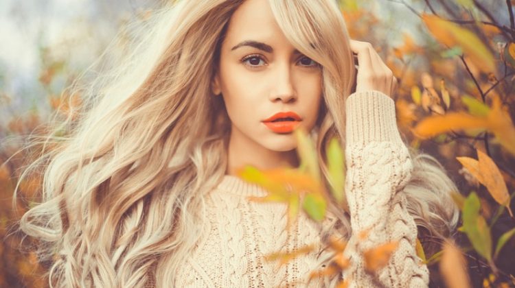 Blonde Woman Cable Knit Sweater Outdoors