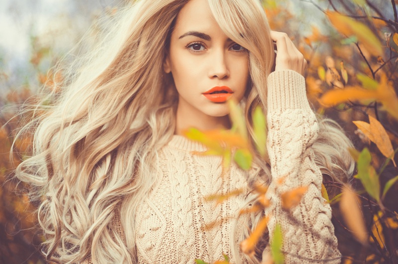 Blonde Woman Cable Knit Sweater Outdoors